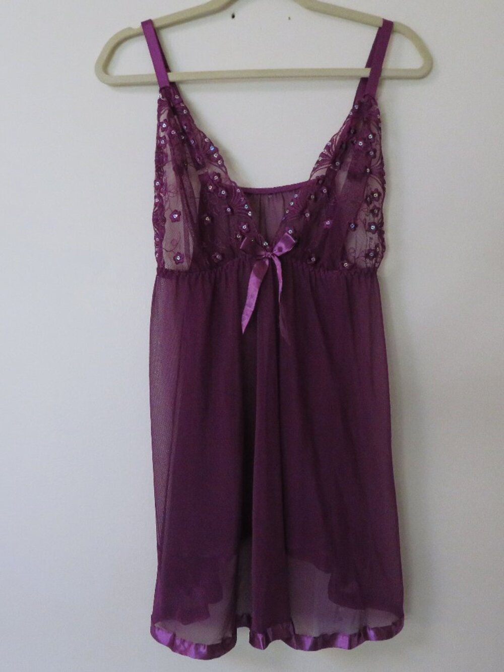 Vintage Deep Purple Lingerie Slip Dress Sequin Flowers Lace Mesh size 1x